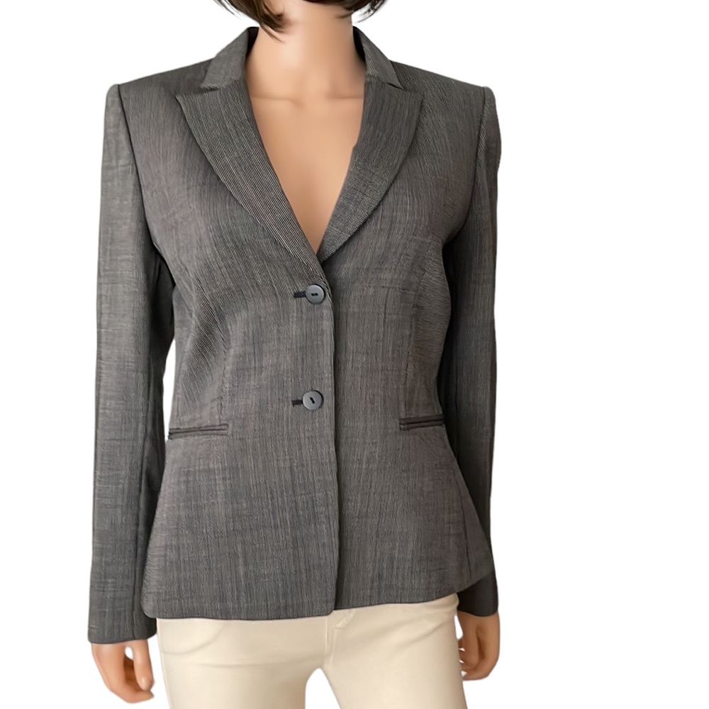 Tahari Textured 100% Gray Wool Geometric Pattern Blazer